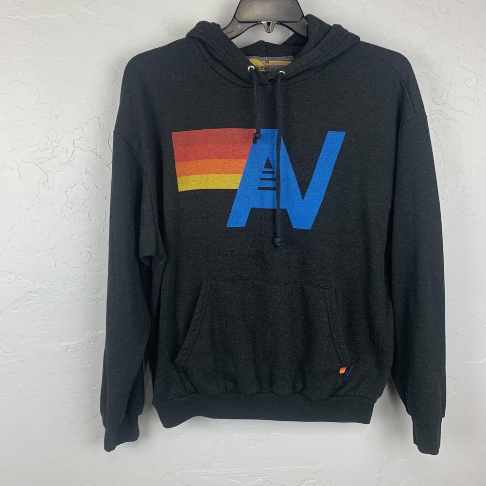 Aviator Nation Hoodie Mens Medium Gray Fleece Pullover Kangaroo Pocket Graphic